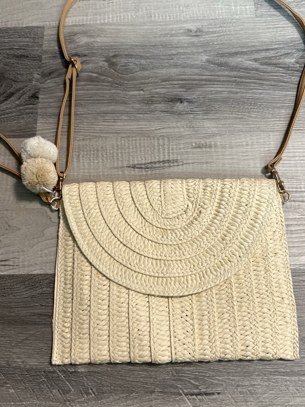 Cream Woven Straw Crossbody Bag with Pom-Pom Accent